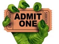 20948527 - monster movies with a zombie hand holding a cinema or theater ticket stub as a creepy halloween or scary entertainment symbol