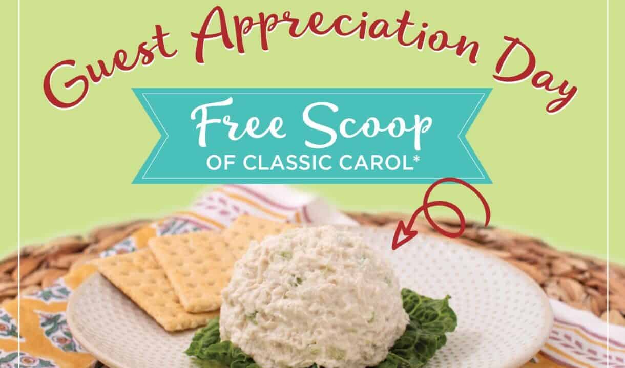 FREE scoop of chicken salad at Chicken Salad Chick for Guest Appreciation Day on Thursday, Jan