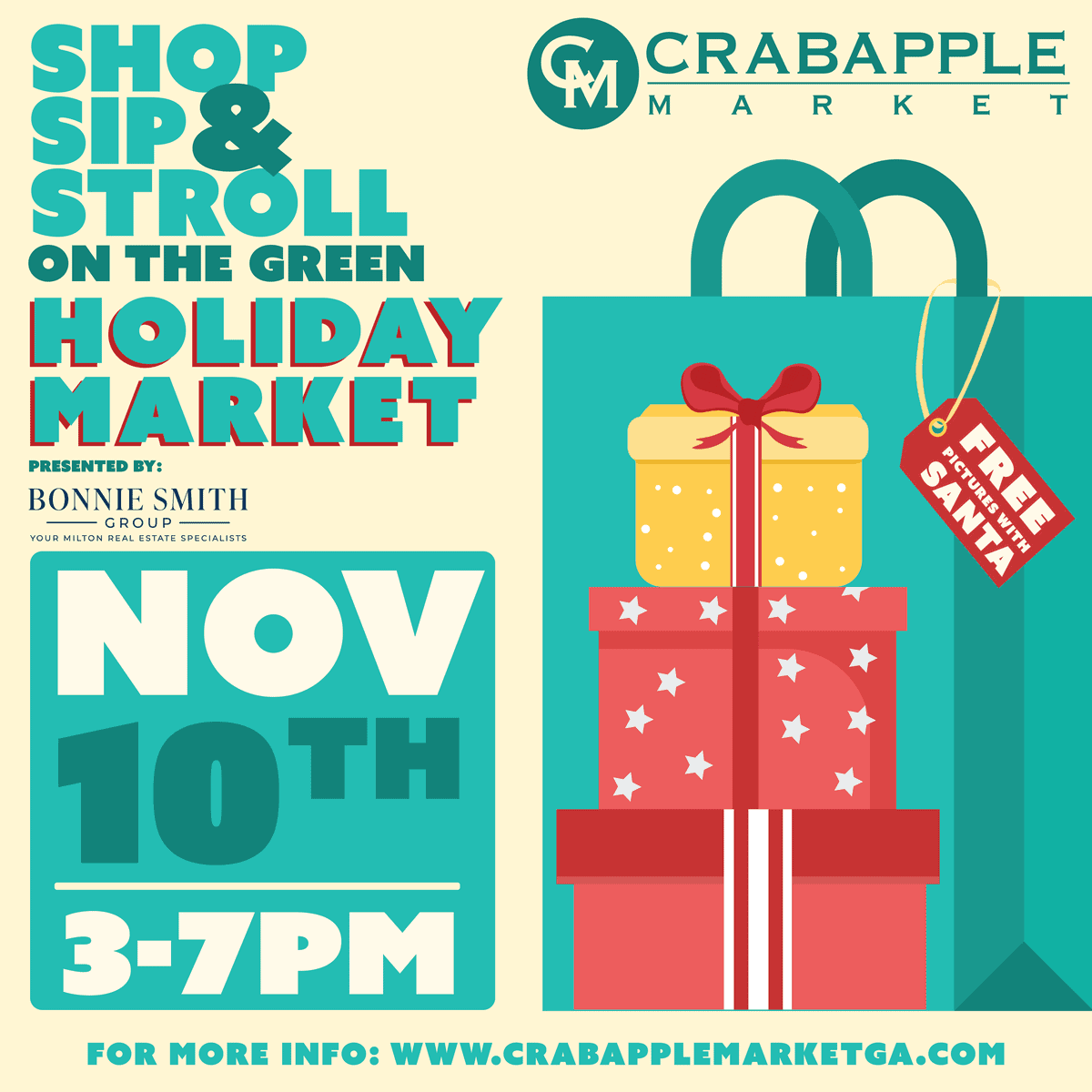 Holiday Market Shop, Sip & Stroll in Milton live music, vendors, FREE pics with Santa