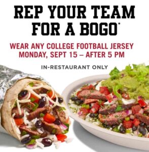 Wear a college football jersey and get a BOGO entrée at Chipotle on