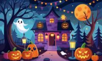 Haunted House with Glowing Pumpkins and Ghosts on Halloween Night. Concept of spooky illustration, holiday celebration, cartoon style, autumn festivity, print.